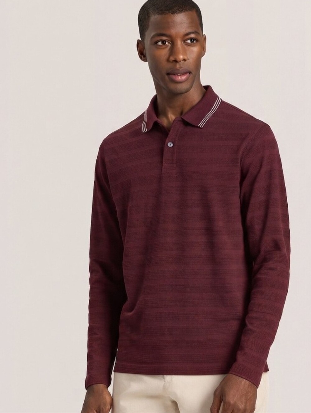 TED BAKER Penine Long Sleeve Textured Stripe Polo Shirt Mens Sz XL Office Casual